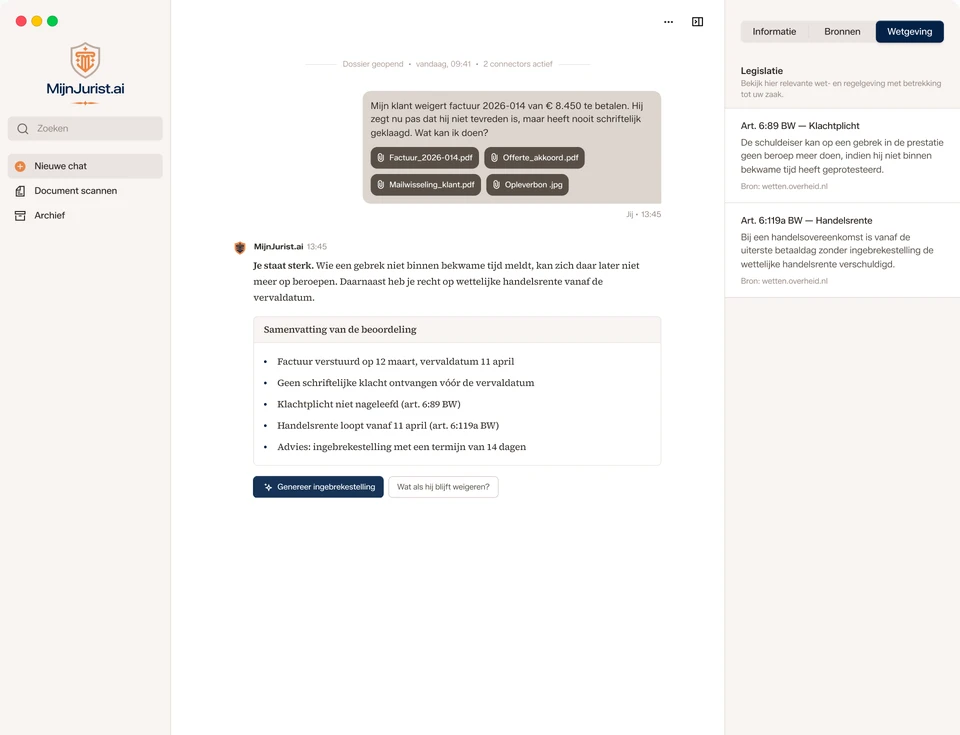 Het MijnJurist-platform voor juridische AI: een dossier over een onbetaalde factuur, met de beoordeling, een samenvatting en de relevante wetsartikelen.