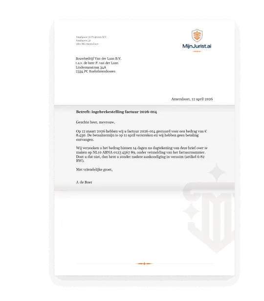 Een ingebrekestelling op MijnJurist-briefpapier, in drieën gevouwen.