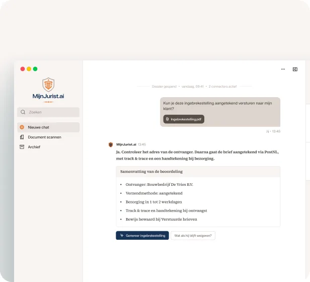 Gesprek in MijnJurist: een ondernemer vraagt een ingebrekestelling aangetekend naar een klant te sturen. MijnJurist laat het adres controleren en verstuurt de brief via PostNL, met track & trace, een handtekening bij bezorging en levering binnen 1 tot 2 werkdagen.