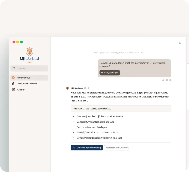 Gesprek in MijnJurist: een werkgever vraagt hoeveel vakantiedagen een parttimer van 24 uur krijgt volgens de cao. MijnJurist antwoordt 15,8 dagen, naar rato van 25 dagen bij voltijd, en noemt het wettelijk minimum uit art. 7:634 BW.