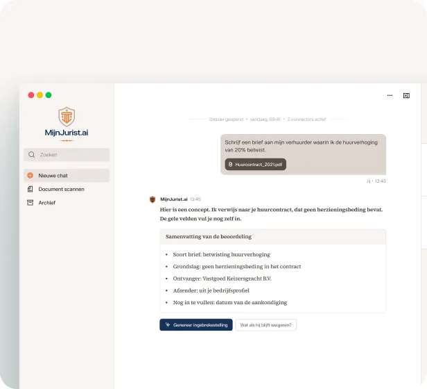 Gesprek in MijnJurist: een ondernemer vraagt om een brief aan de verhuurder waarin een huurverhoging van 20% wordt betwist, met het huurcontract als bijlage. MijnJurist levert een concept en wijst erop dat het contract geen herzieningsbeding bevat.